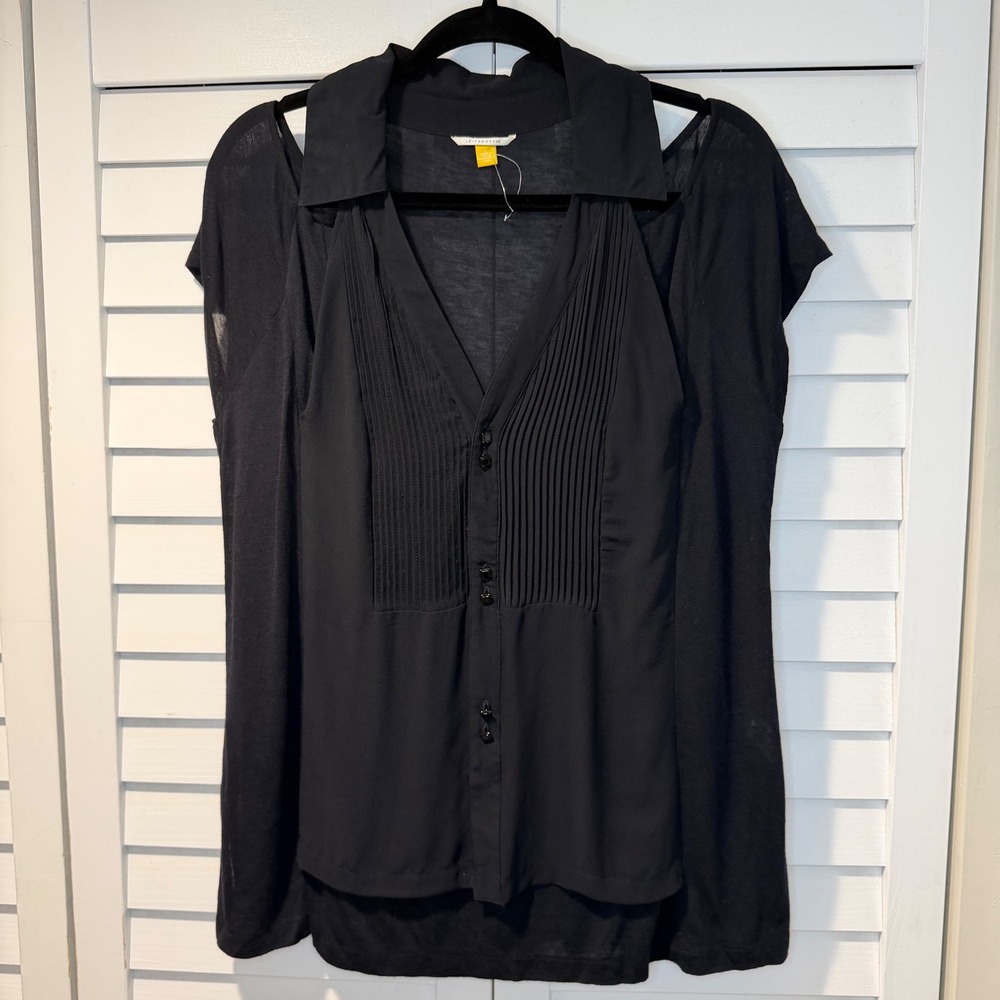Leifsdottir Black Silk Trim Pintuck Tuxedo Top Bamboo Cashmere Blend L‎ Blouse